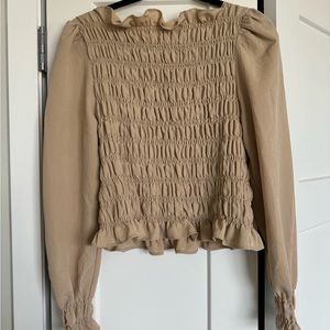 H&M smocked long sleeve blouse in tan